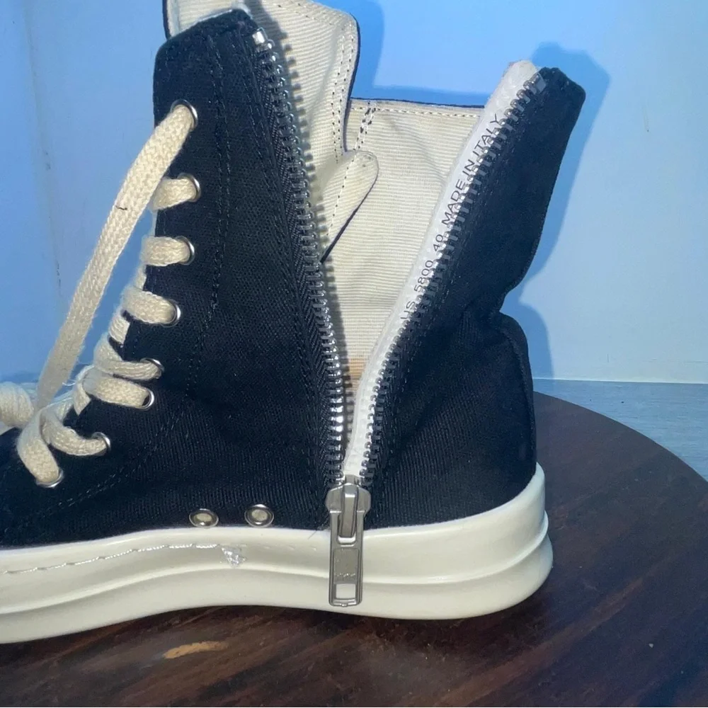 Rick Owens Black White Canvas High-Top Sneakers Lace Up Zipper Size 40